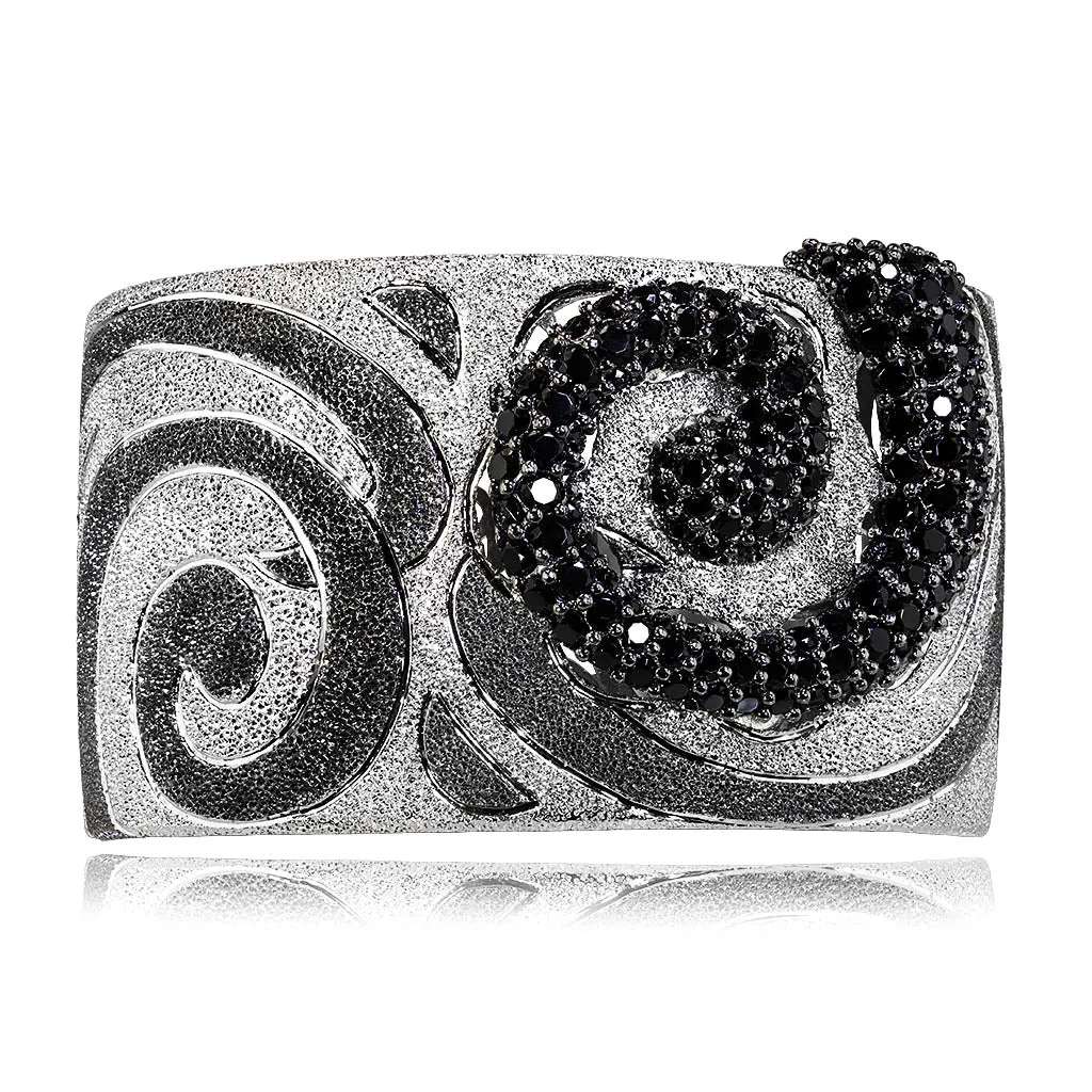 Silver Swirl Pattern Cuff Bracelet with Black Spinel