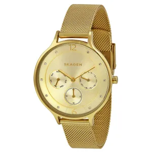 Skagen Anita Gold Mesh Bracelet Gold Dial Quartz Watch for Ladies- SKW-2313