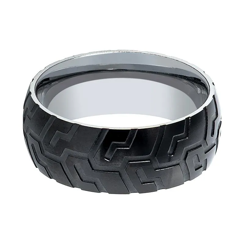 SLAYER | Silver Tungsten Ring, Tire Tread Pattern, Domed