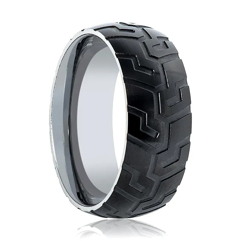 SLAYER | Silver Tungsten Ring, Tire Tread Pattern, Domed