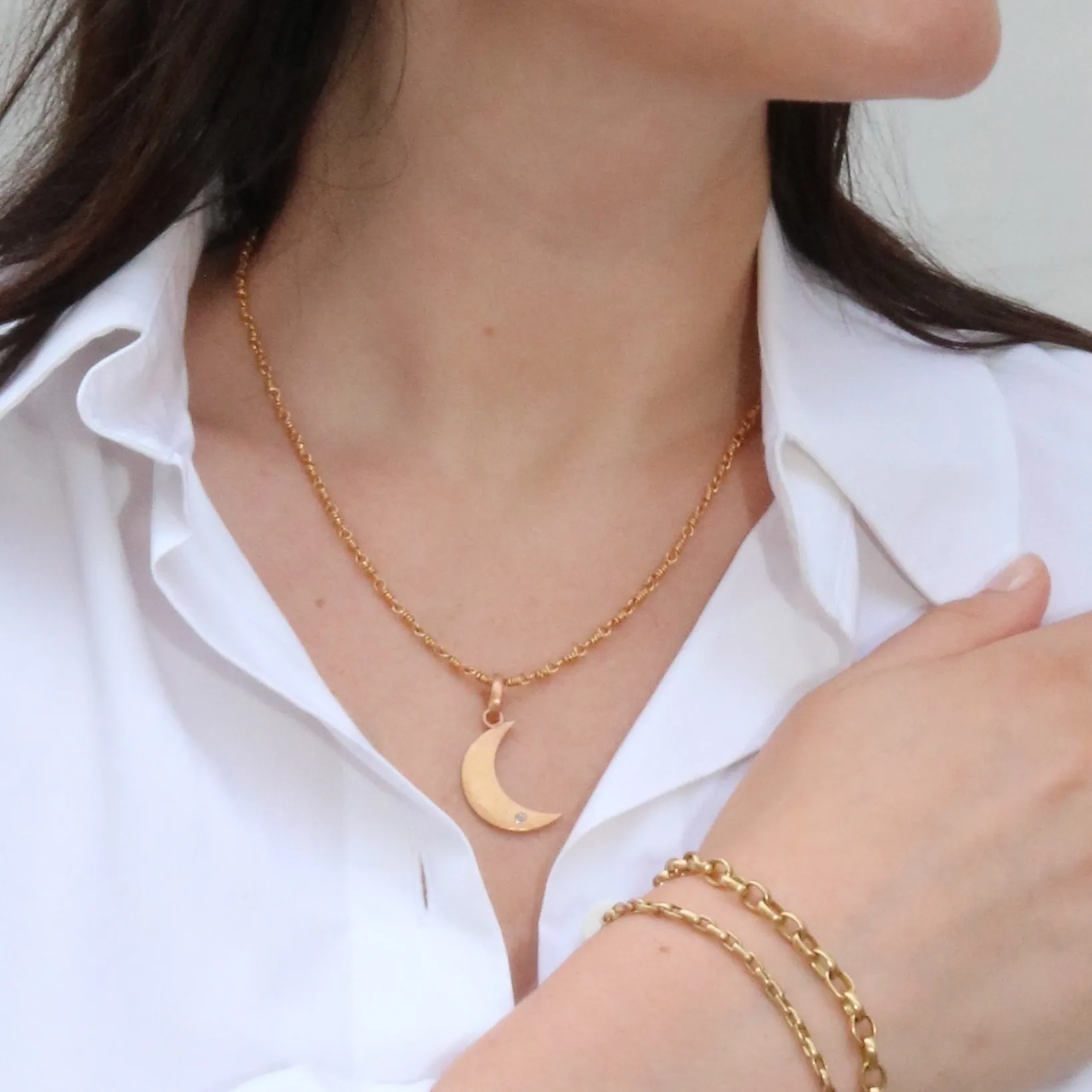 Sonoma Hammered Crescent Moon White Sapphire Pendant in 22K Apricot Gold
