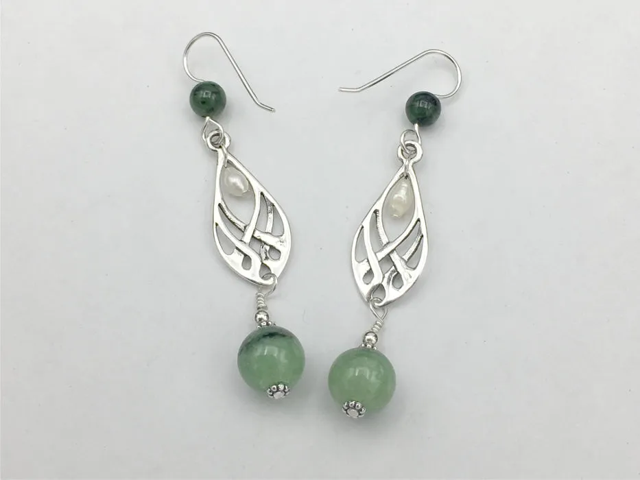 Sterling silver Celtic knot dangle earrings- Ruby in Zoisite, freshwater Pearls, knots