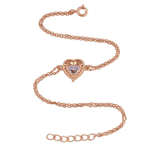 Sterling Silver Clear and Pink CZ Heart Halo Rose Gold Plated Bracelet