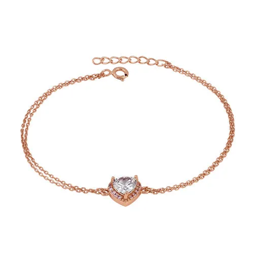 Sterling Silver Clear and Pink CZ Heart Halo Rose Gold Plated Bracelet