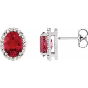 Sterling Silver Lab-Grown Ruby & .06 CTW Natural Diamond Halo-Style Earrings
