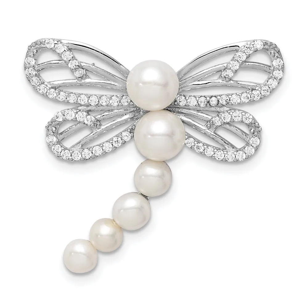 Sterling Silver Rhod-Plated Imitation Shell Pearl Dragonfly Chain Slide QP5357