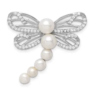 Sterling Silver Rhod-Plated Imitation Shell Pearl Dragonfly Chain Slide QP5357