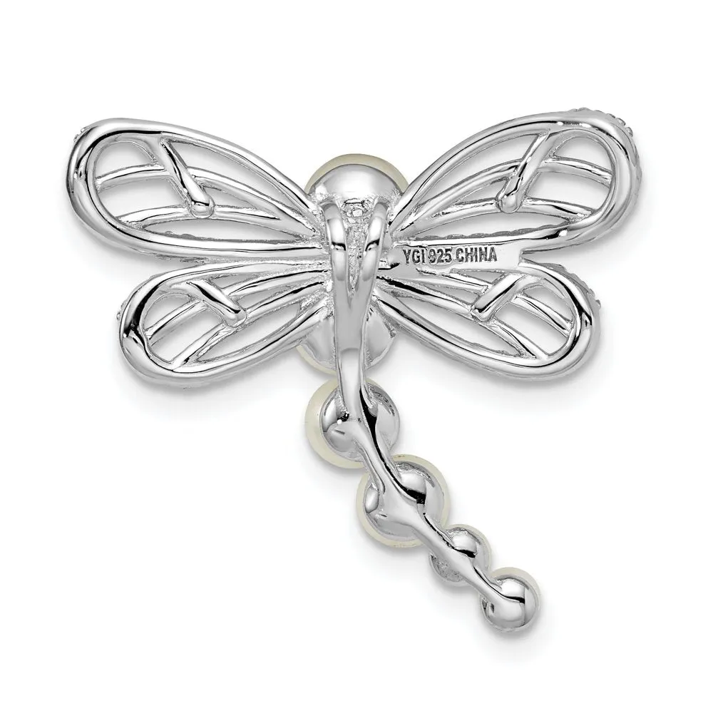Sterling Silver Rhod-Plated Imitation Shell Pearl Dragonfly Chain Slide QP5357