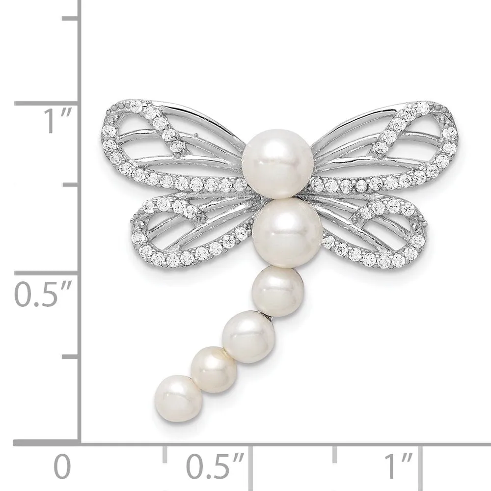 Sterling Silver Rhod-Plated Imitation Shell Pearl Dragonfly Chain Slide QP5357