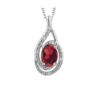 Sterling Silver Rhodium Plated (July) Birthstone Ruby and Diamond Pendant