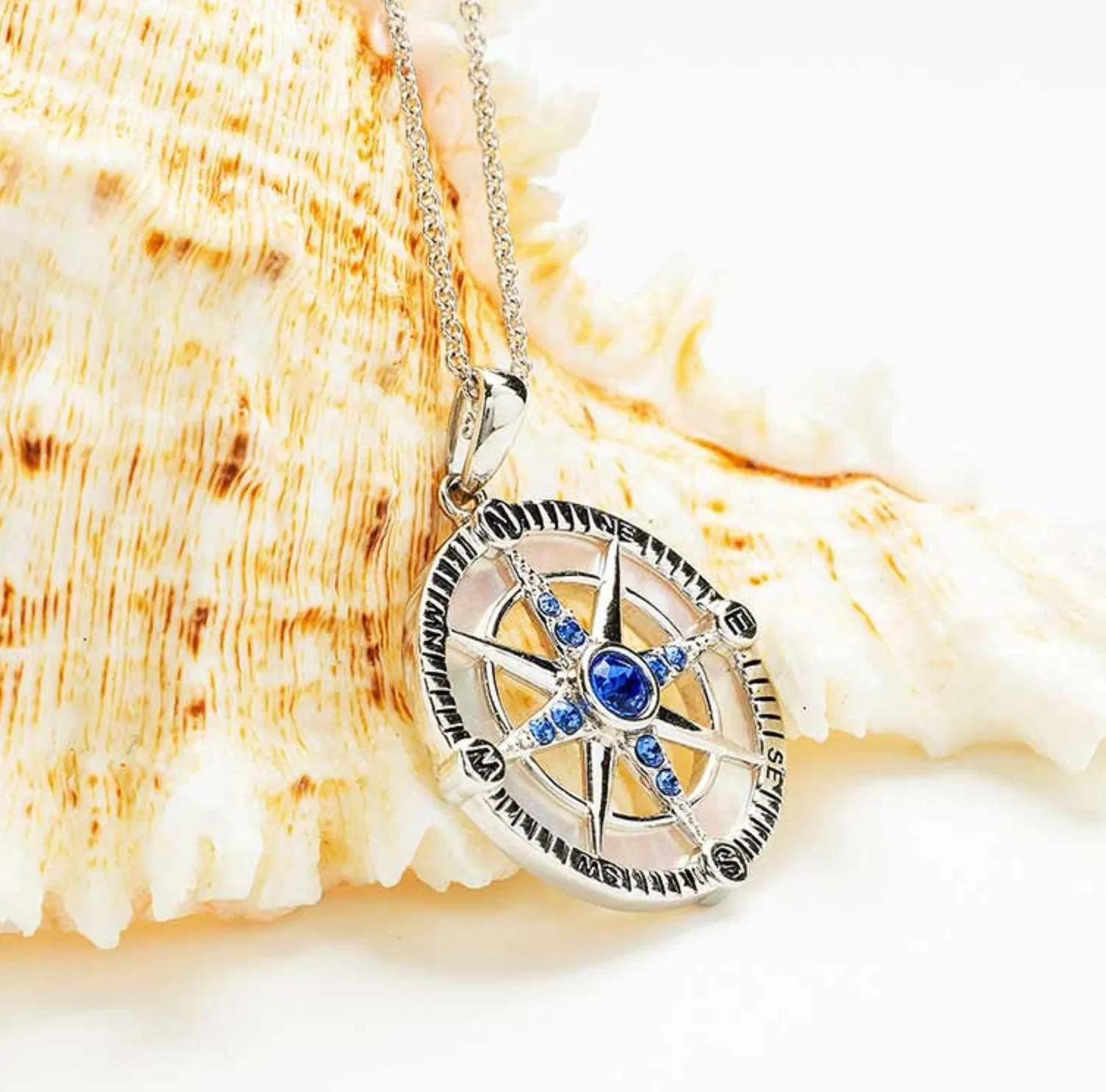 Sterling Silver Sapphire Crystal MOP Compass Necklace