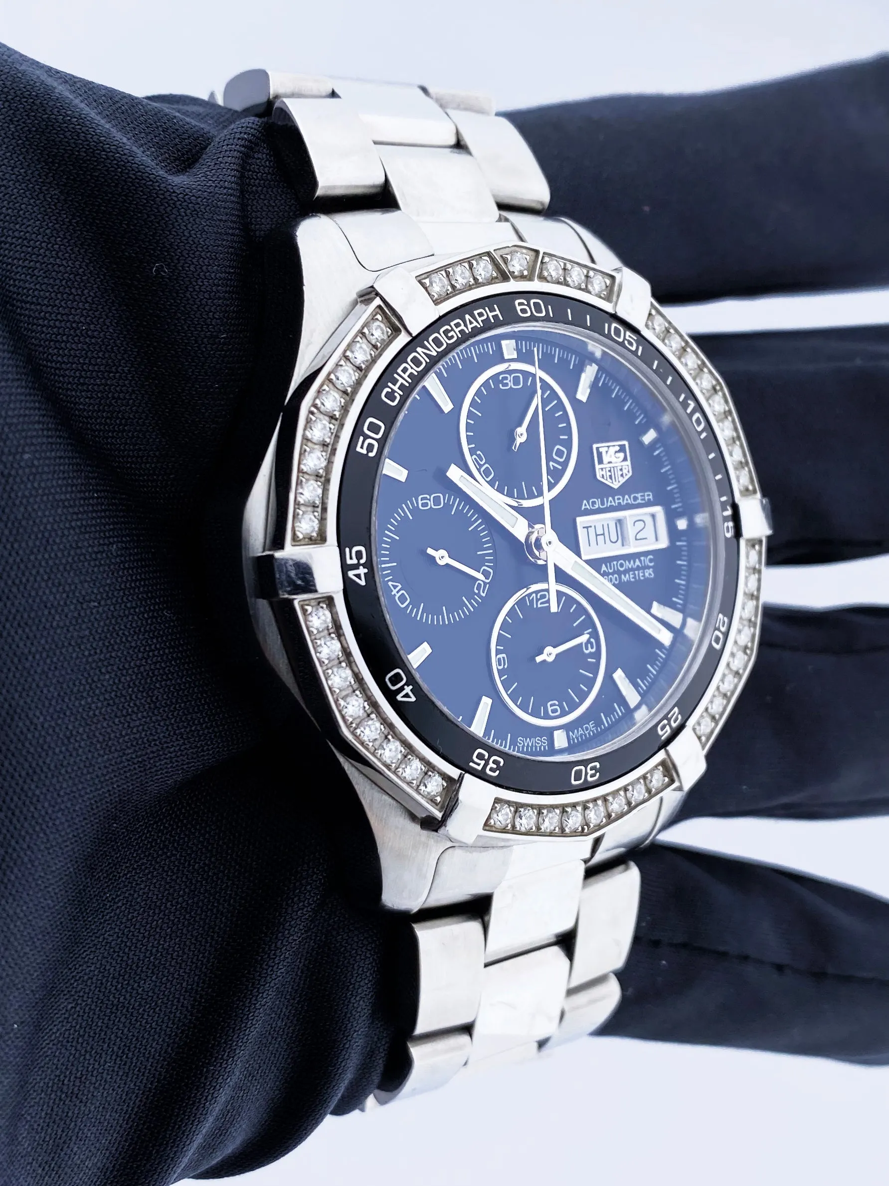 TAG Heuer Aquaracer Day-Date Diamond Bezel Mens Watch Box Papers