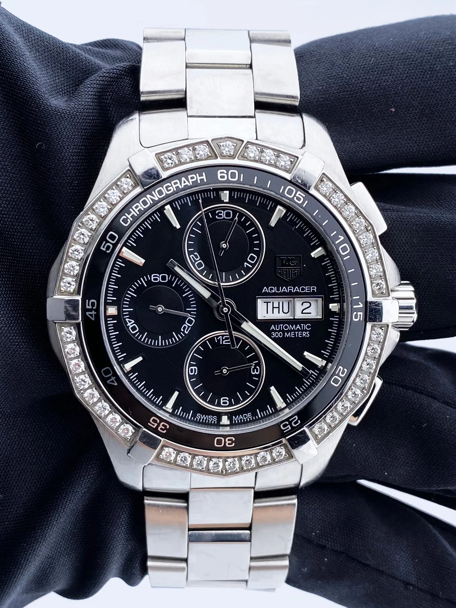 TAG Heuer Aquaracer Day-Date Diamond Bezel Mens Watch Box Papers