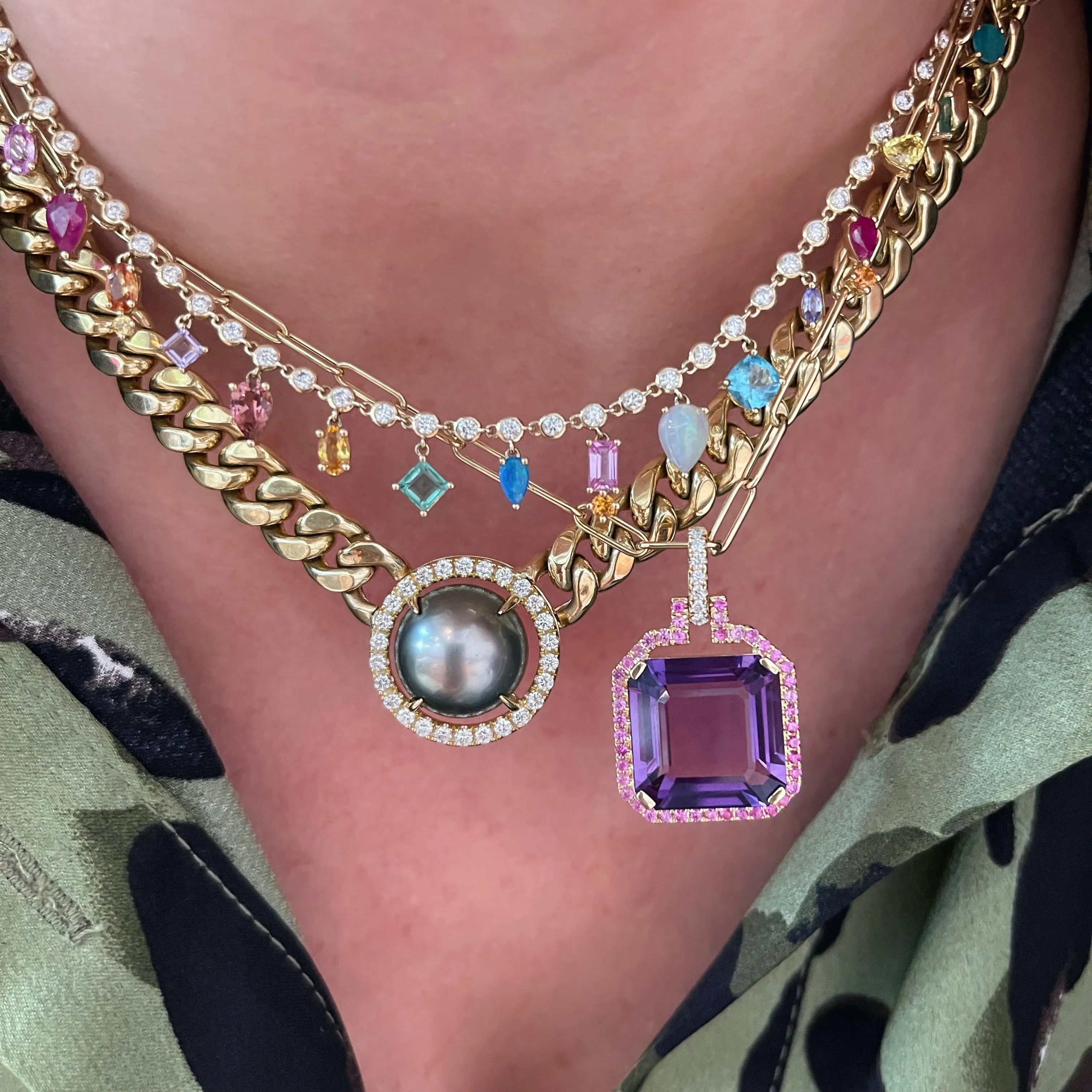 Tahitian Pearl Slice Necklace on Cuban Link Chain