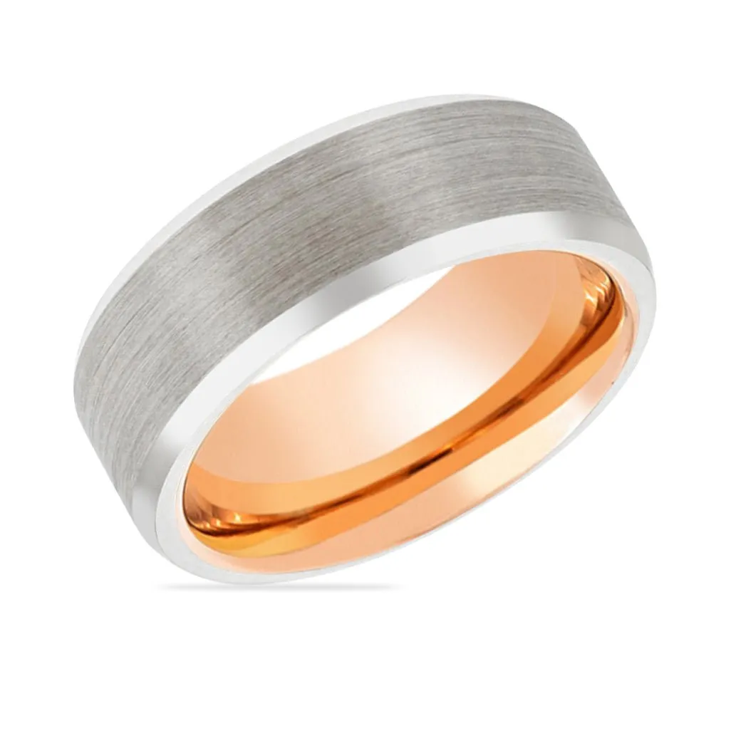 TAURUS | Rose Gold Ring, Silver Tungsten Ring, Brushed, Beveled