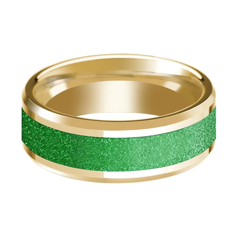 Textured Green Inlaid Men's 14k Yellow Gold Polished Wedding Band with Bevels - 8MM