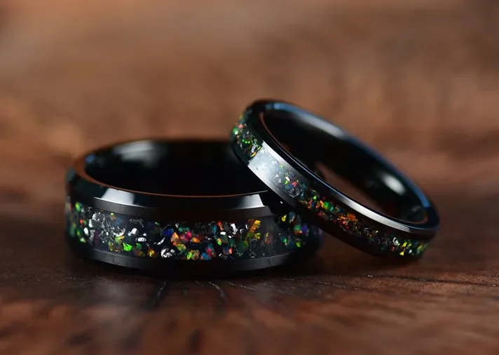 The Vanguard Ring - Black Tungsten Crushed Opal Rounded Women's Wedding Band 4MM