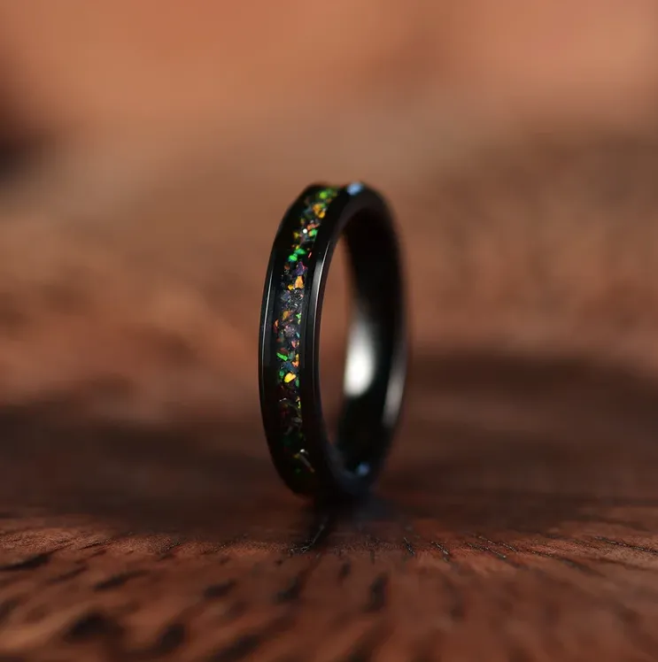 The Vanguard Ring - Black Tungsten Crushed Opal Rounded Women's Wedding Band 4MM