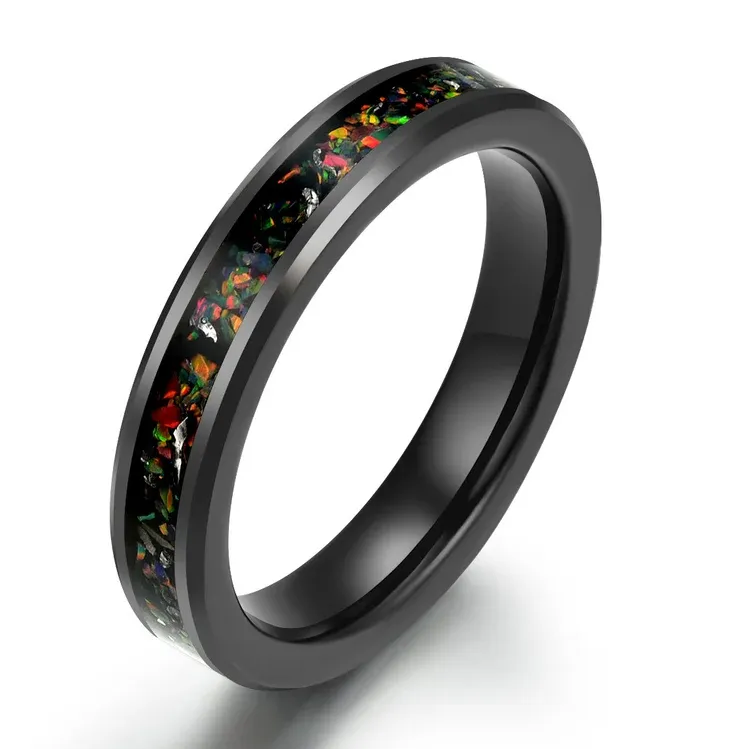 The Vanguard Ring - Black Tungsten Crushed Opal Rounded Women's Wedding Band 4MM