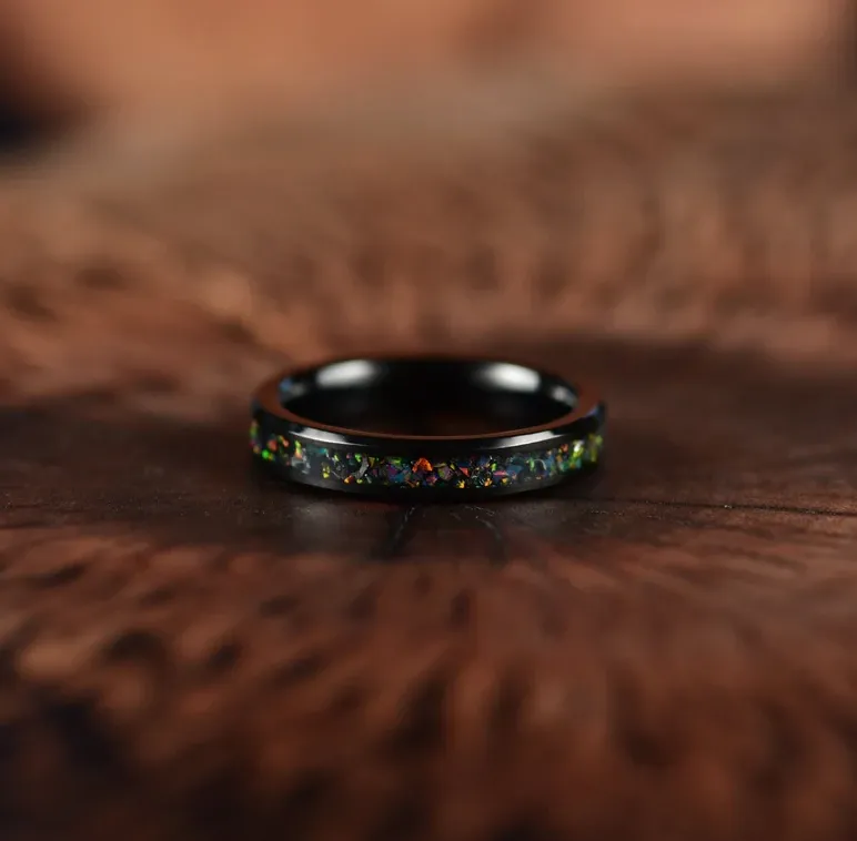 The Vanguard Ring - Black Tungsten Crushed Opal Rounded Women's Wedding Band 4MM