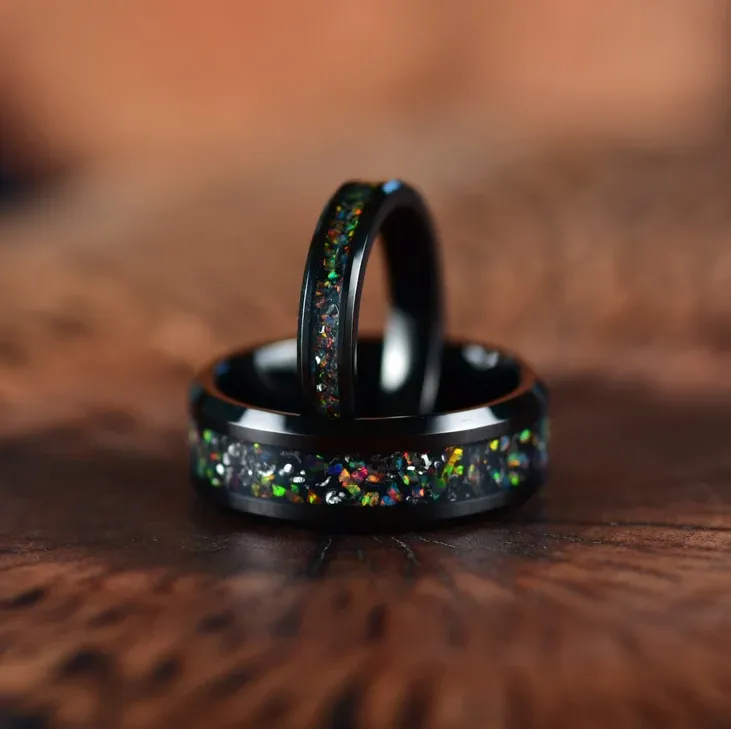 The Vanguard Ring - Black Tungsten Crushed Opal Rounded Women's Wedding Band 4MM