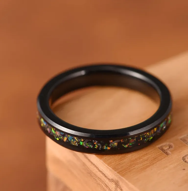 The Vanguard Ring - Black Tungsten Crushed Opal Rounded Women's Wedding Band 4MM