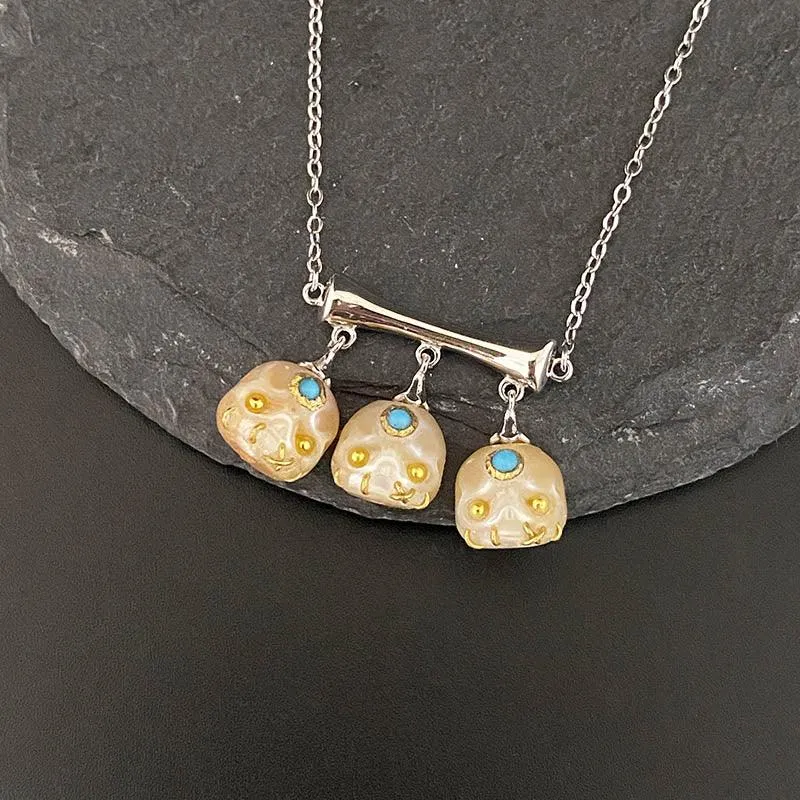 Three Stone Pearl Śmaśana Skull Necklace
