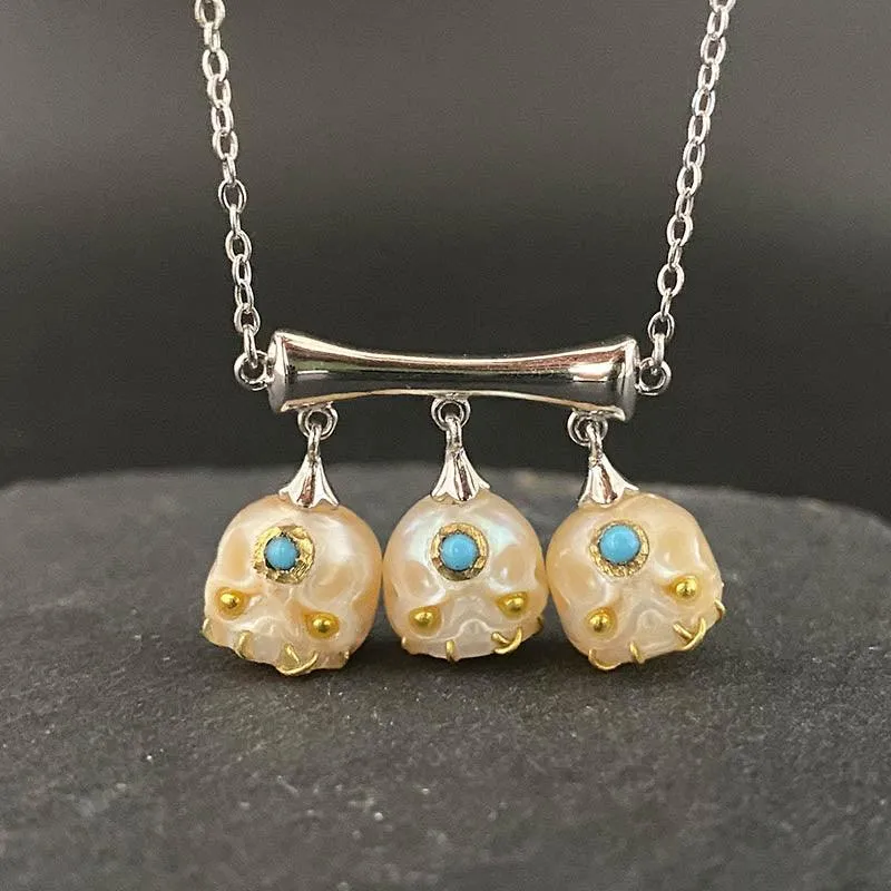 Three Stone Pearl Śmaśana Skull Necklace