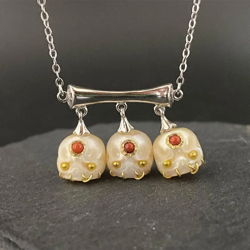 Three Stone Pearl Śmaśana Skull Necklace