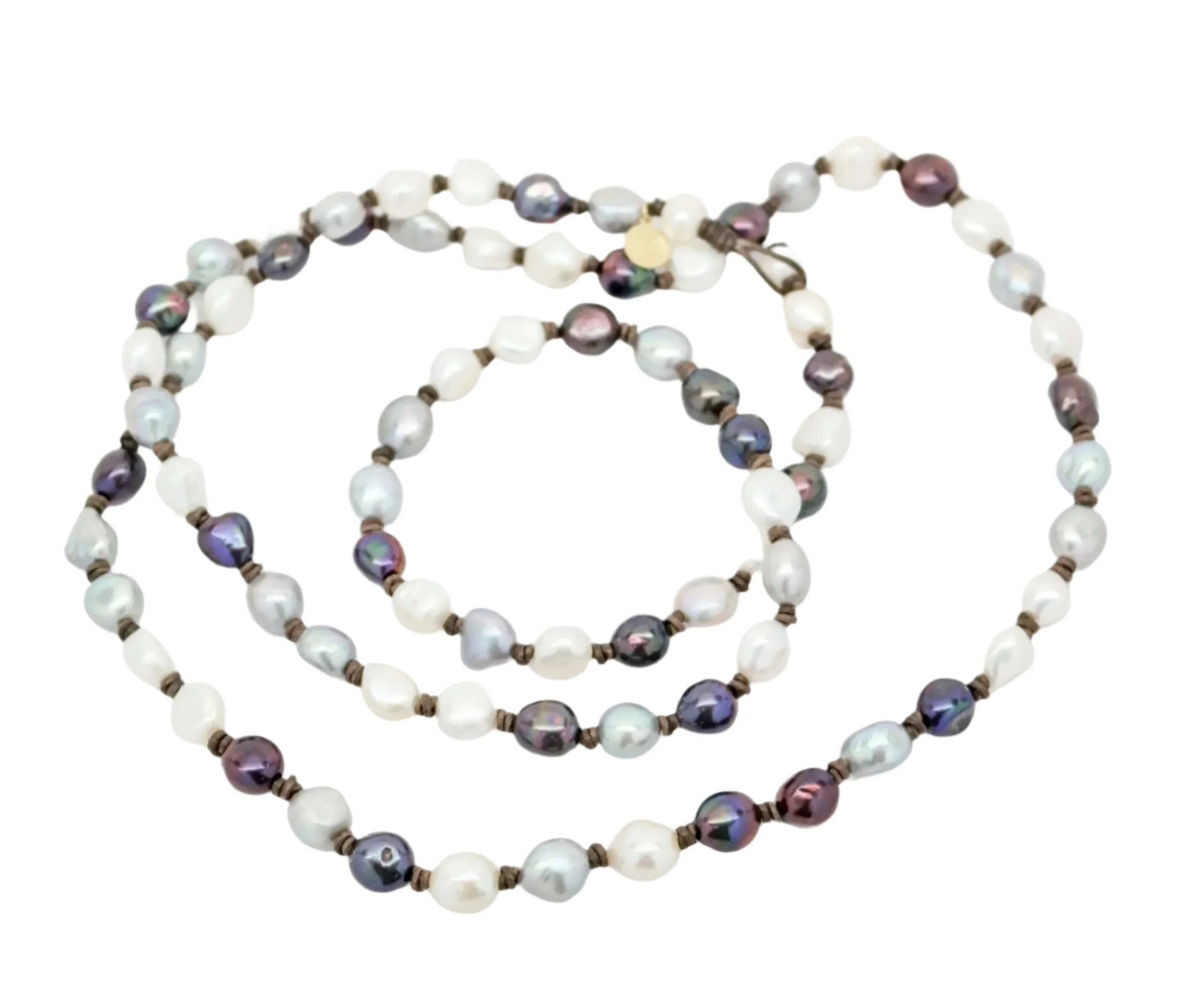 Tri-Colored Small Baroque Pearl on Leather Sautoir Necklace