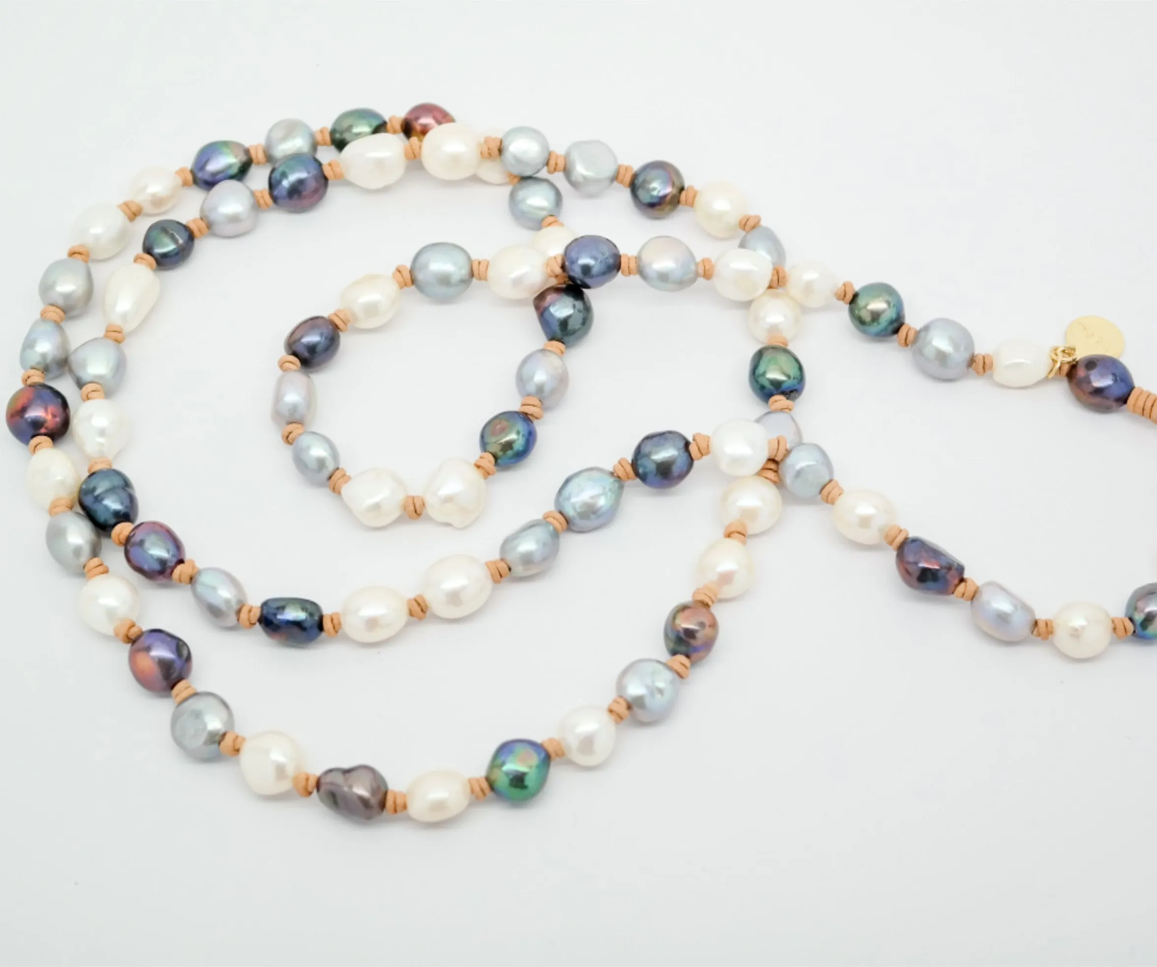 Tri-Colored Small Baroque Pearl on Leather Sautoir Necklace