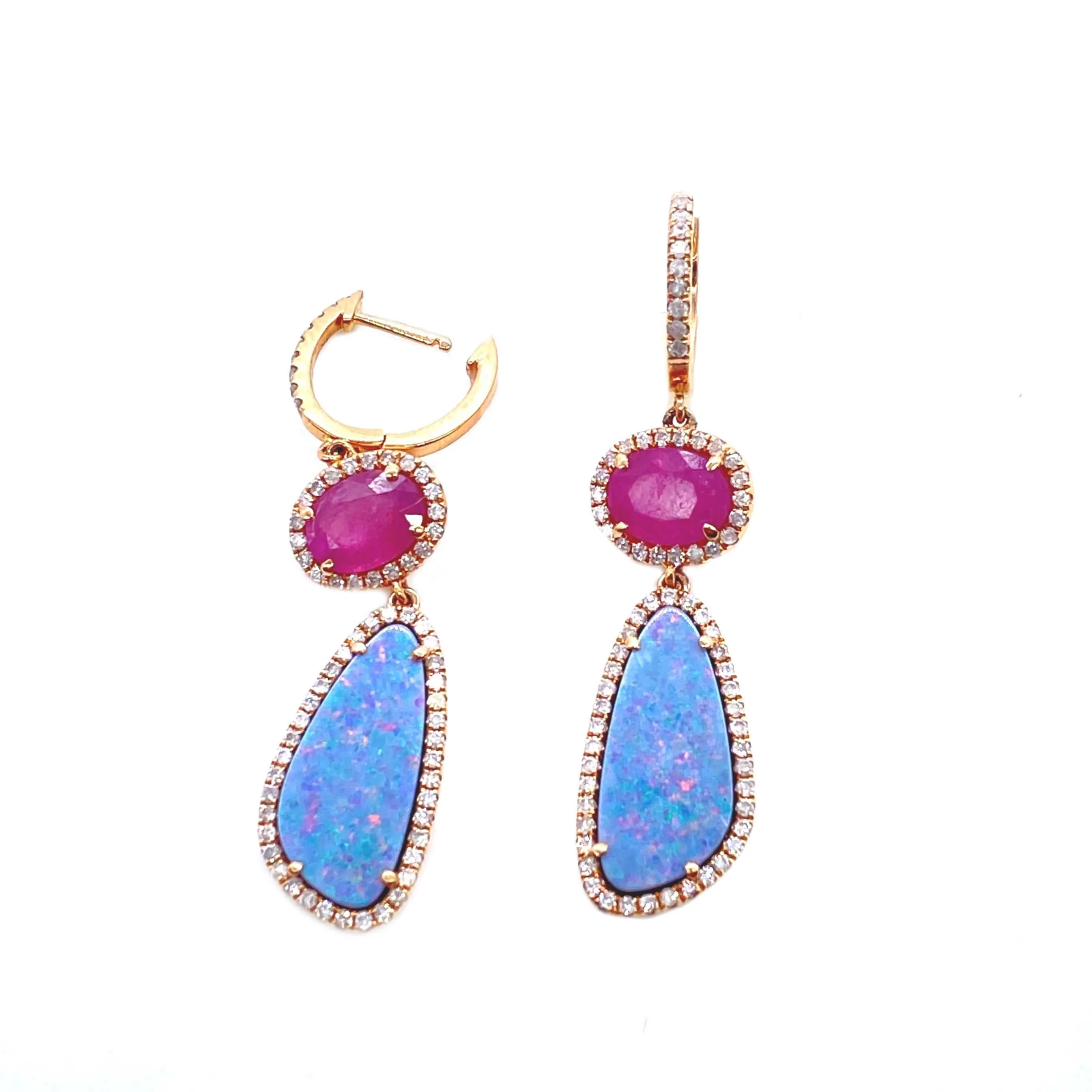 Trinity Rose Gold Drop Earrings with Opal and Ruby