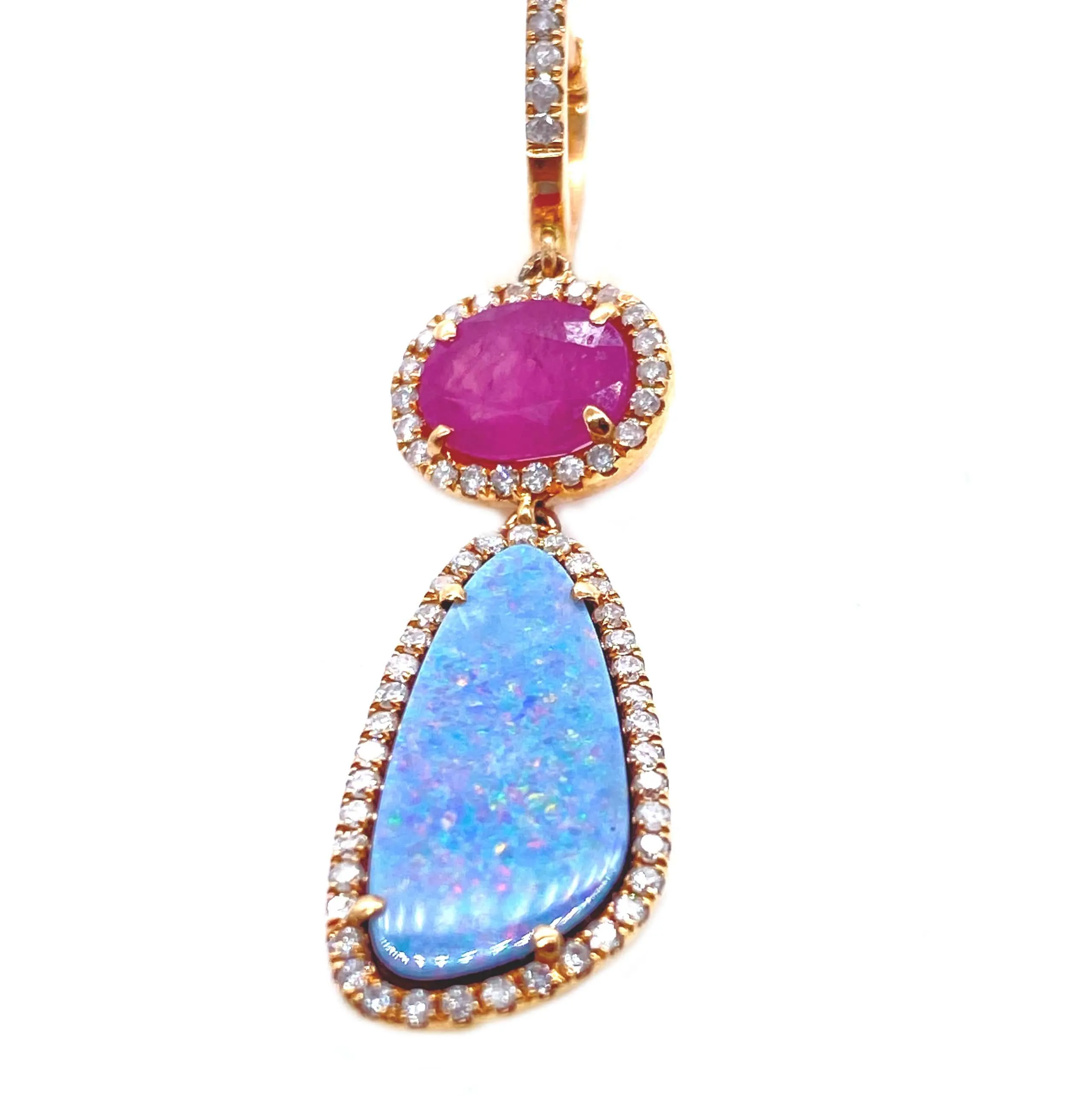 Trinity Rose Gold Drop Earrings with Opal and Ruby