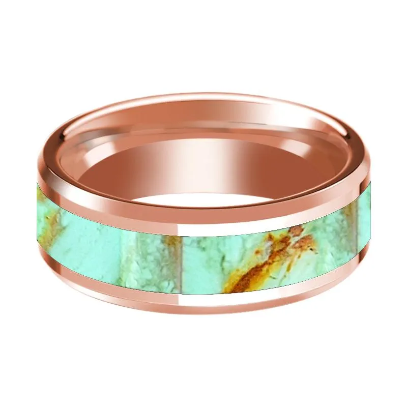 Turquoise Stone Inlaid 14K Rose Gold Polished Wedding Band for Men with Beveled Edges - 8MM
