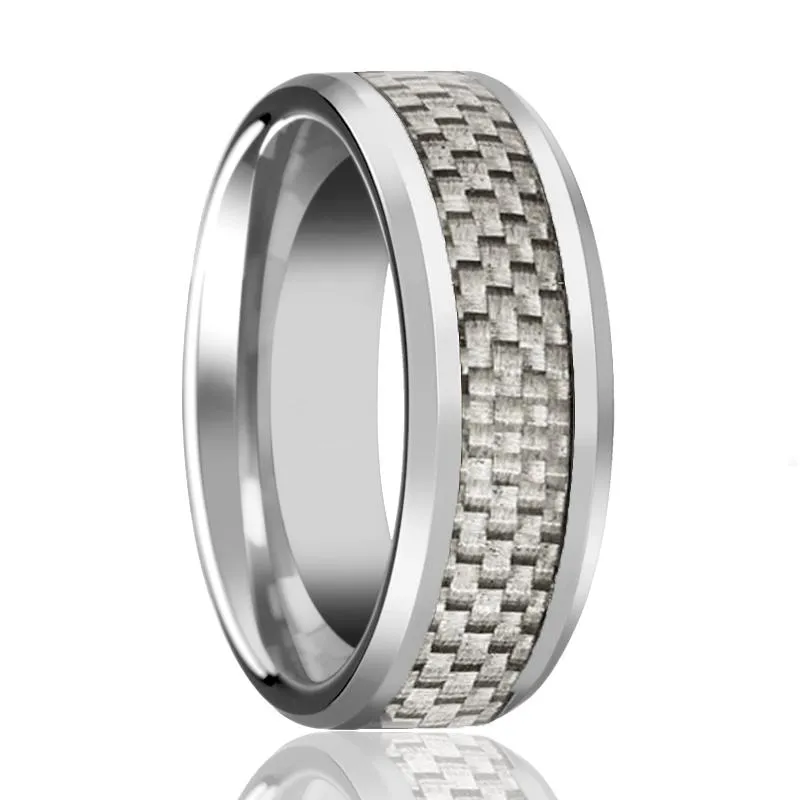 ULTIMUS | Silver Tungsten Ring, White Carbon Fiber Inlay, Beveled