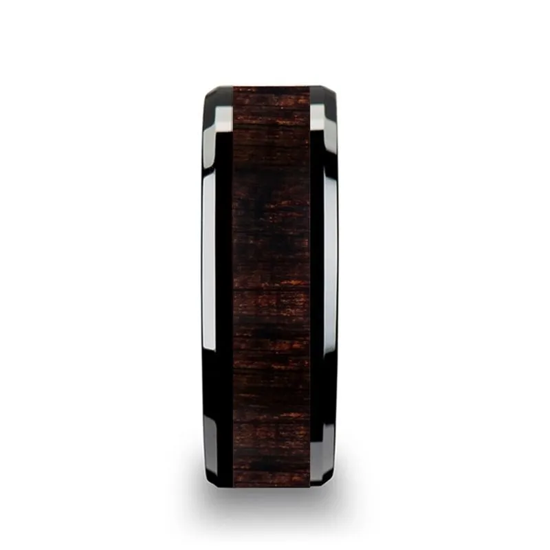 UMBRA | Black Ceramic Ring, Ebony Wood Inlay, Beveled