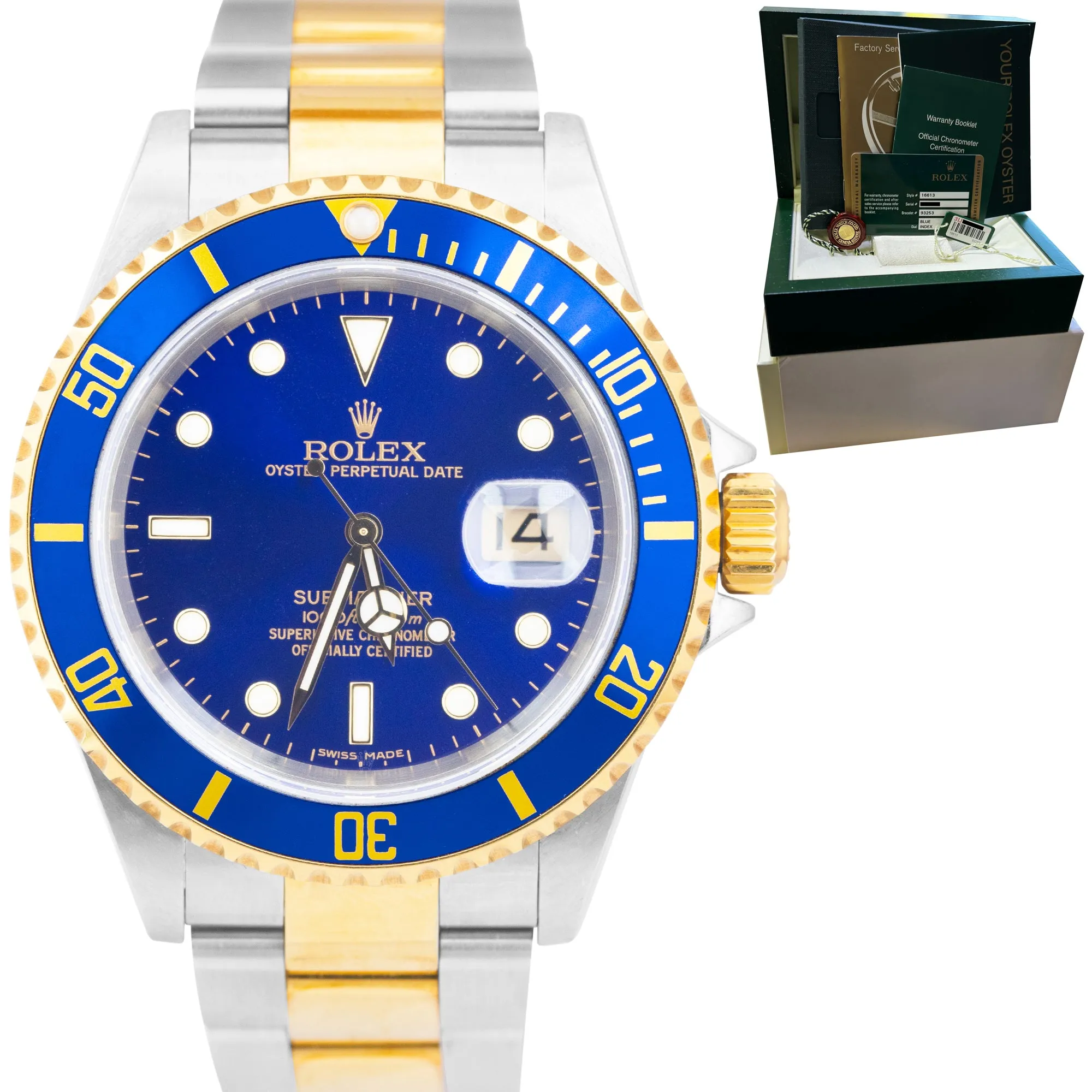 UNPOLISHED 2007 Rolex Submariner Two-Tone Gold Blue NO-HOLES 40mm Watch 16613 LB