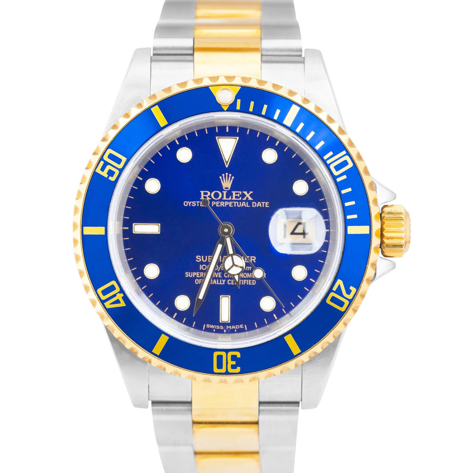 UNPOLISHED 2007 Rolex Submariner Two-Tone Gold Blue NO-HOLES 40mm Watch 16613 LB