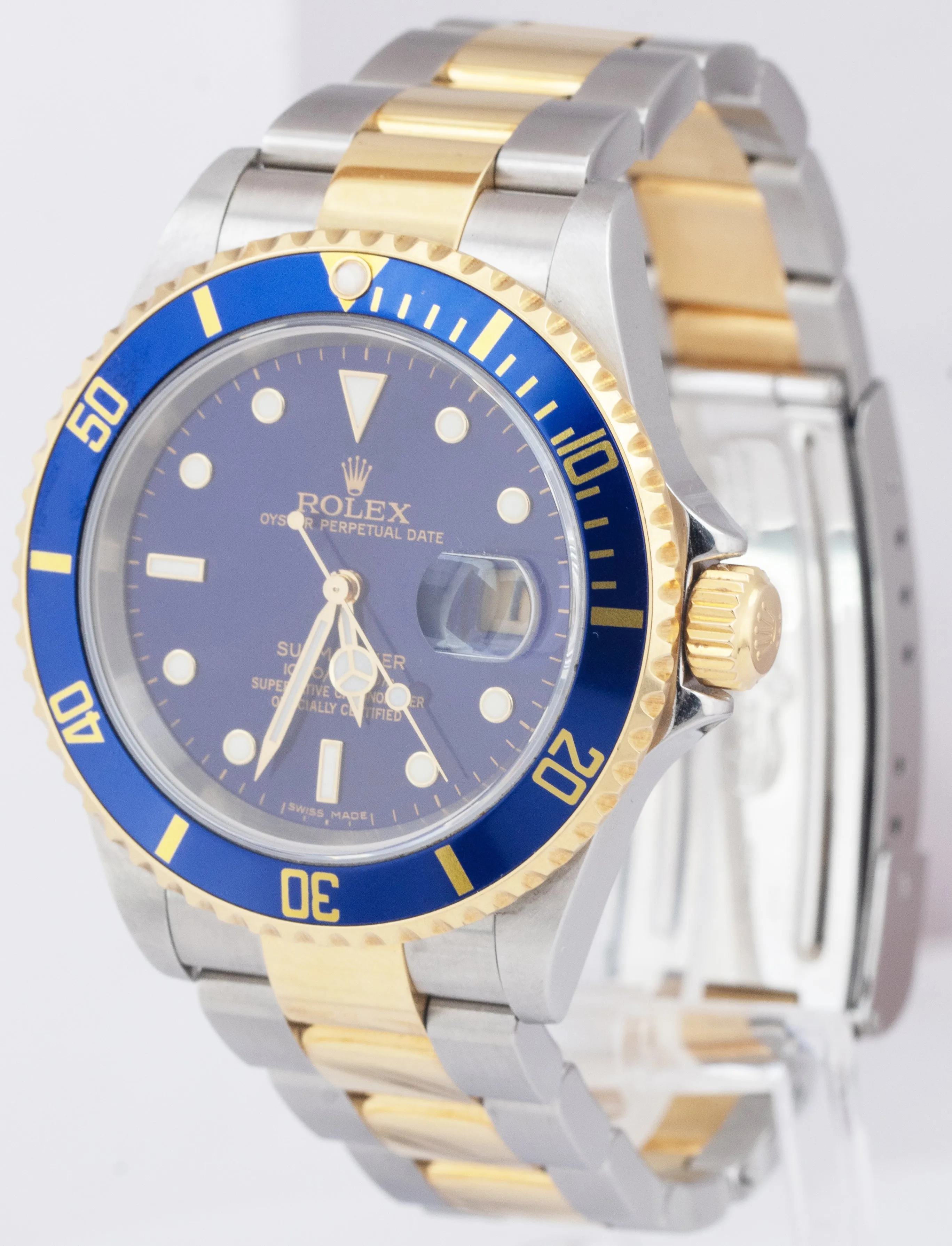 UNPOLISHED 2007 Rolex Submariner Two-Tone Gold Blue NO-HOLES 40mm Watch 16613 LB