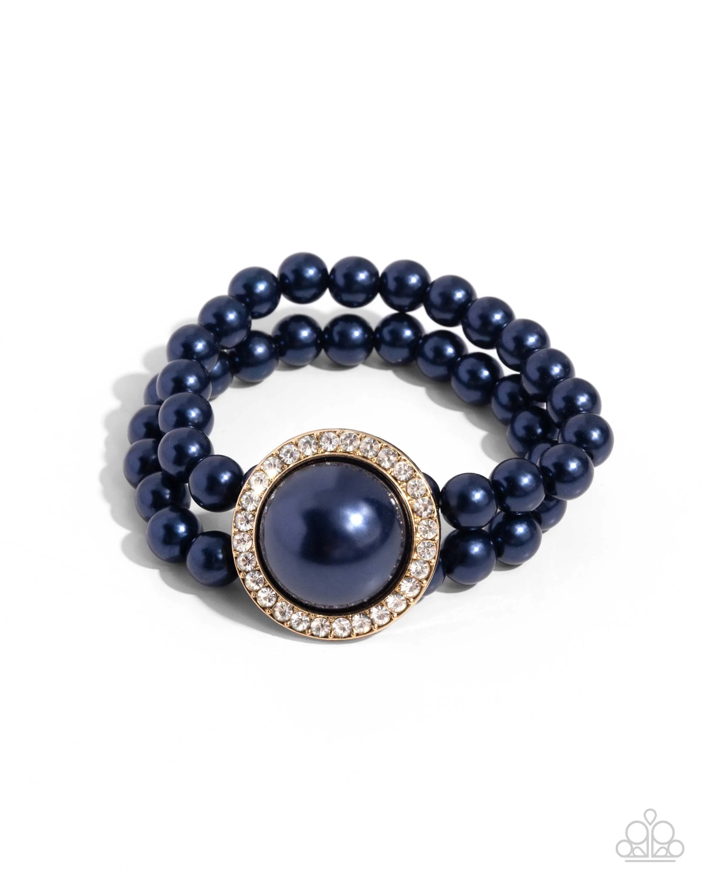 Valuable Victor - Blue - Pearl White Rhinestone in Gold Frame Paparazzi Stretchy Bracelet