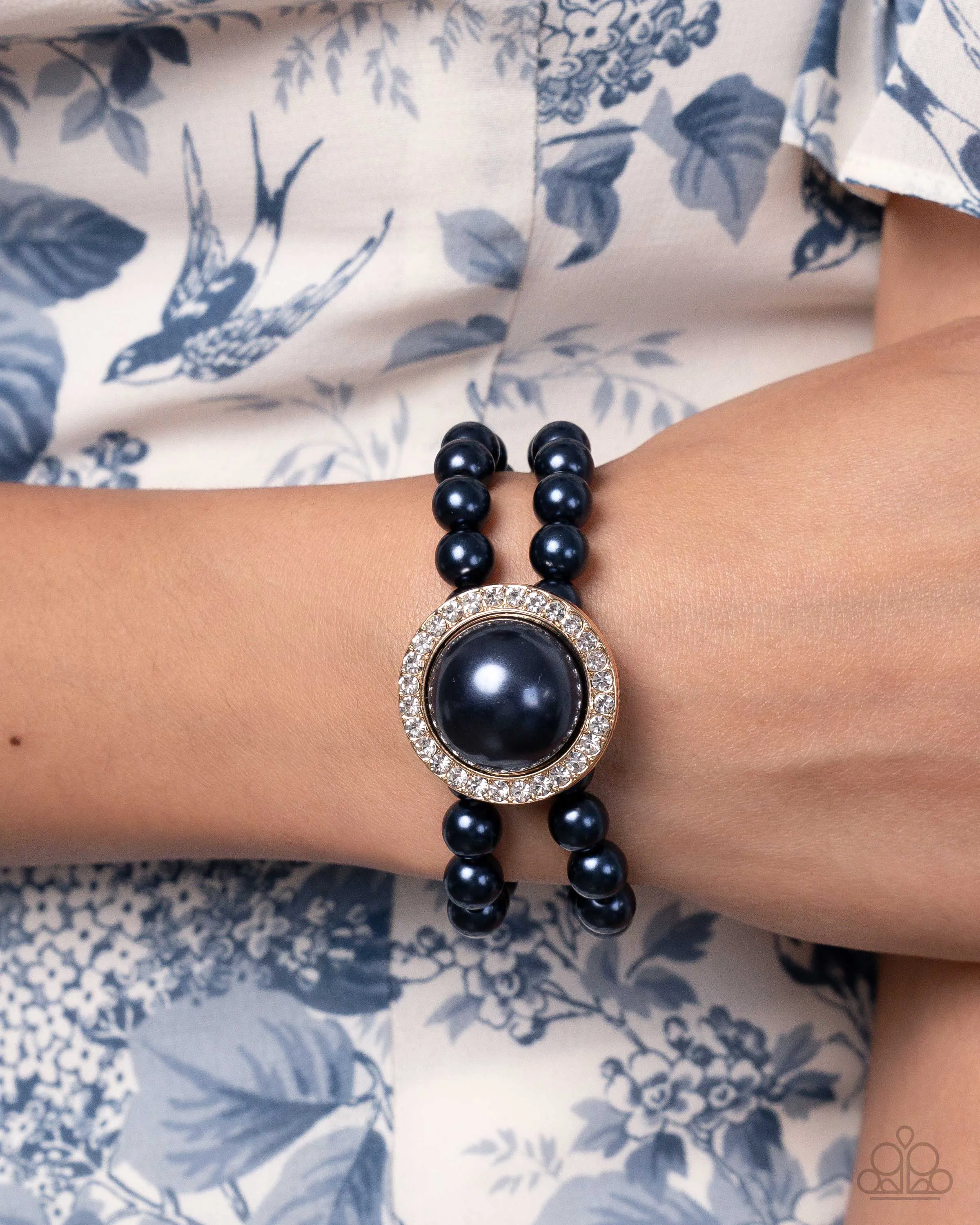 Valuable Victor - Blue - Pearl White Rhinestone in Gold Frame Paparazzi Stretchy Bracelet