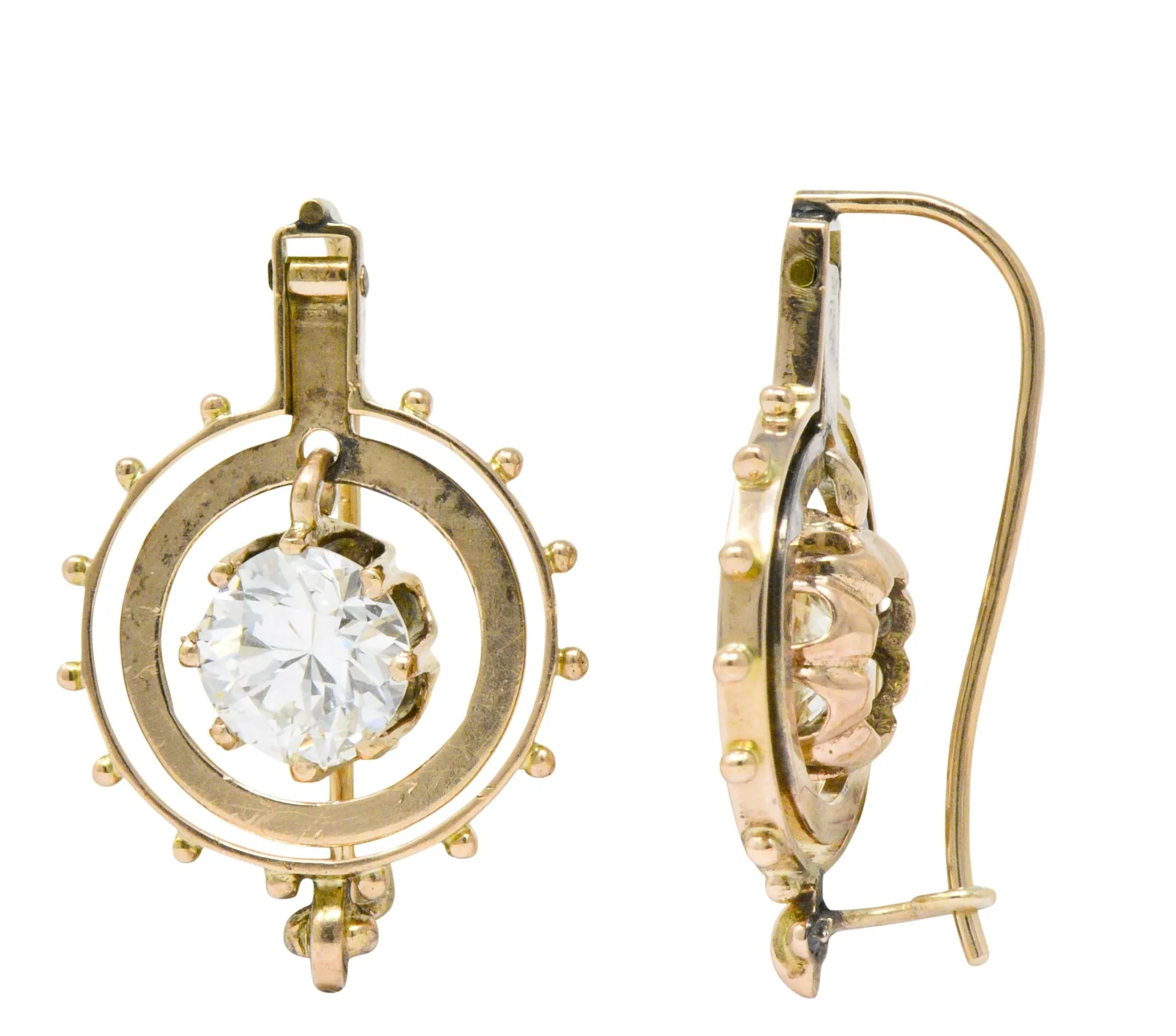 Victorian 1.95 CTW Diamond 14 Karat Rose Gold Drop Earrings GIA