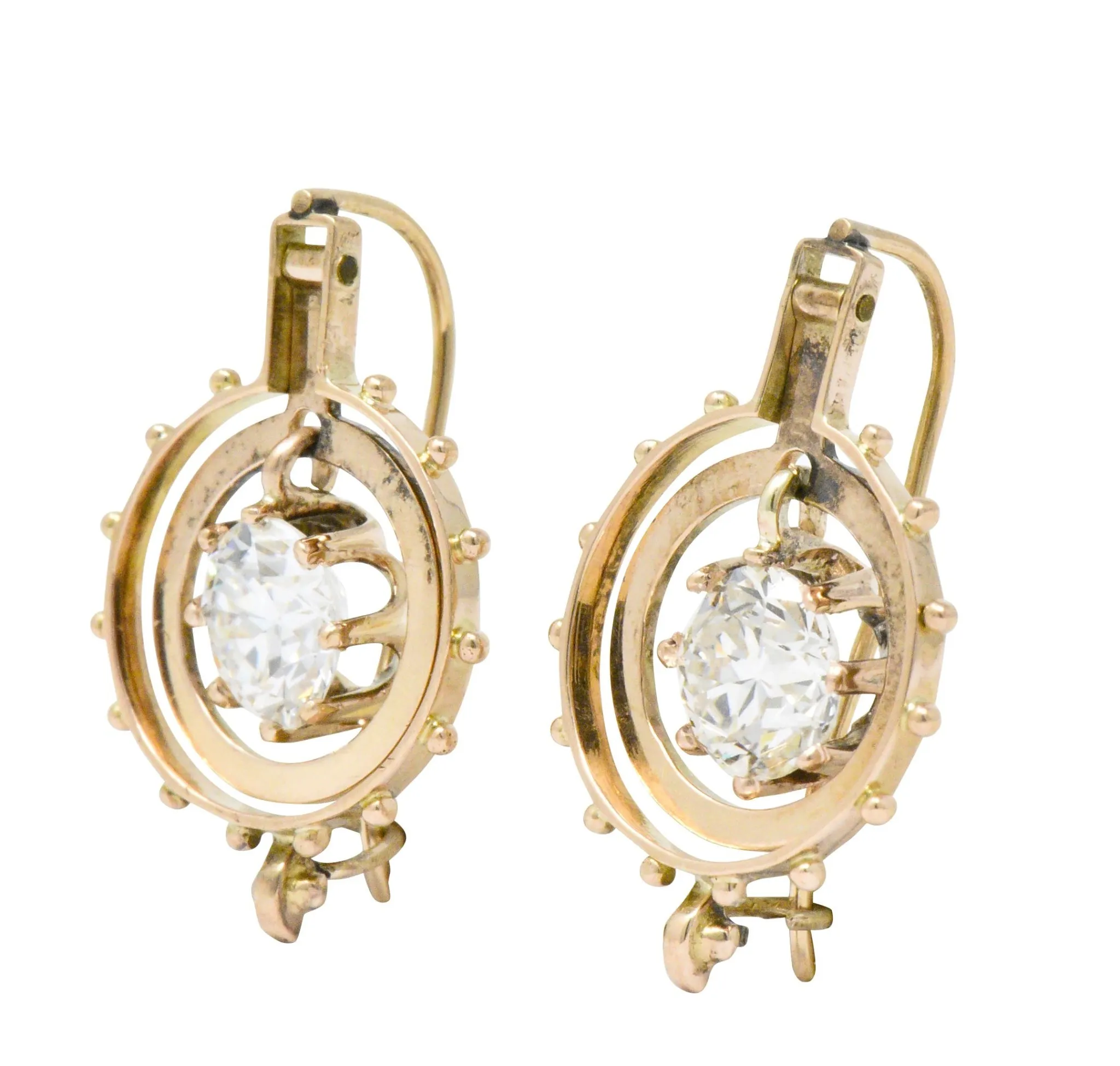 Victorian 1.95 CTW Diamond 14 Karat Rose Gold Drop Earrings GIA