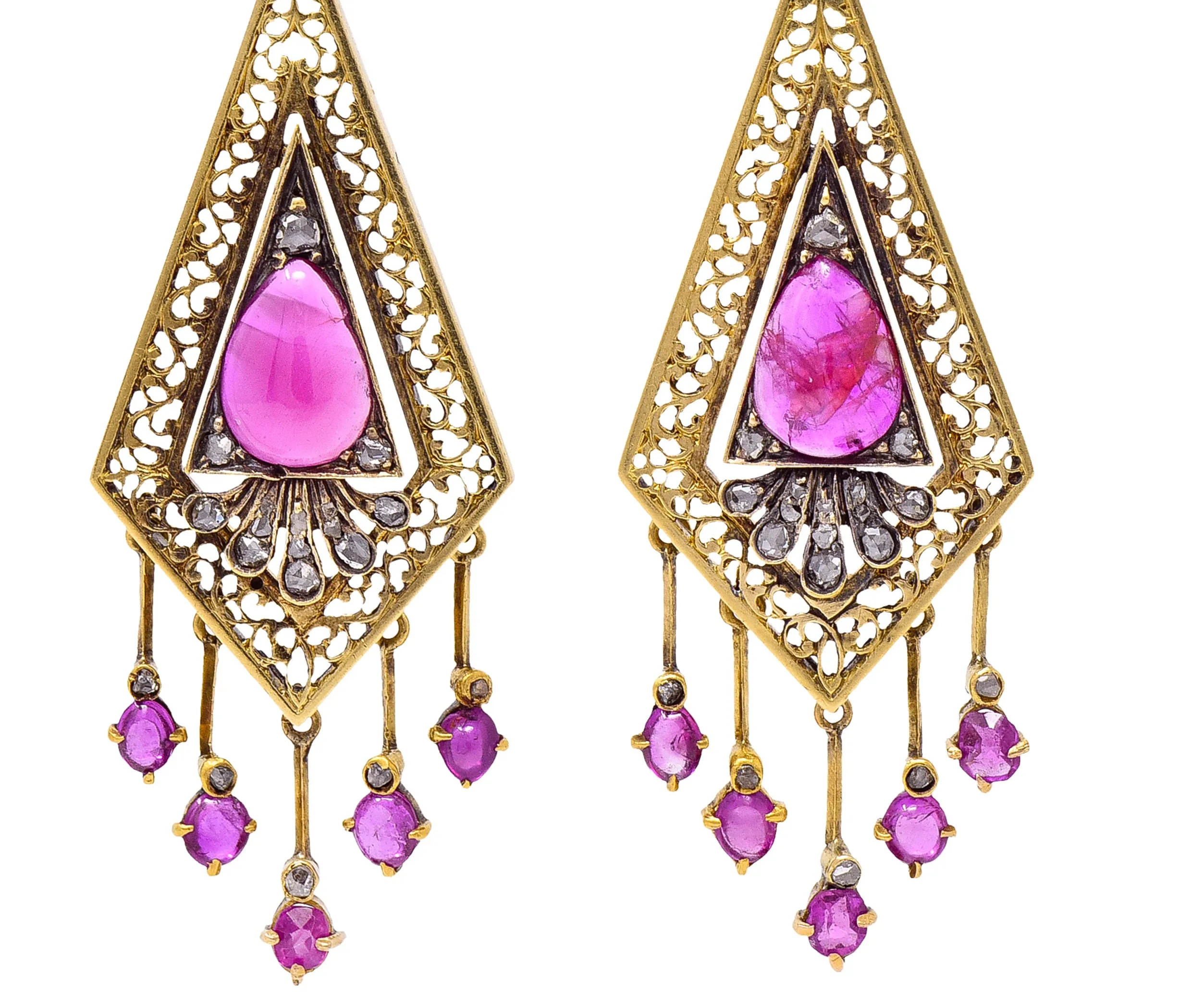 Victorian 4.12 CTW Ruby Diamond 18 Karat Yellow Gold Bow Fringe Antique Drop Earrings