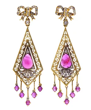 Victorian 4.12 CTW Ruby Diamond 18 Karat Yellow Gold Bow Fringe Antique Drop Earrings