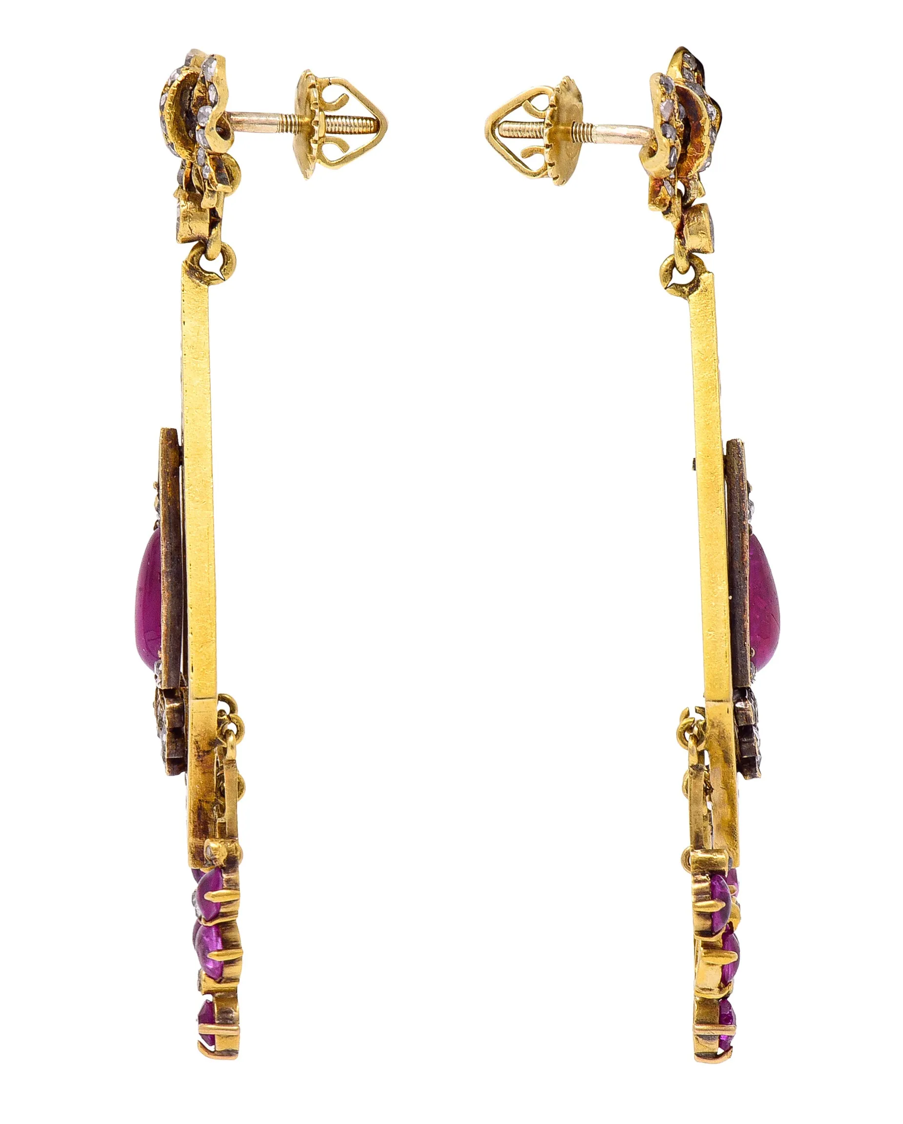 Victorian 4.12 CTW Ruby Diamond 18 Karat Yellow Gold Bow Fringe Antique Drop Earrings