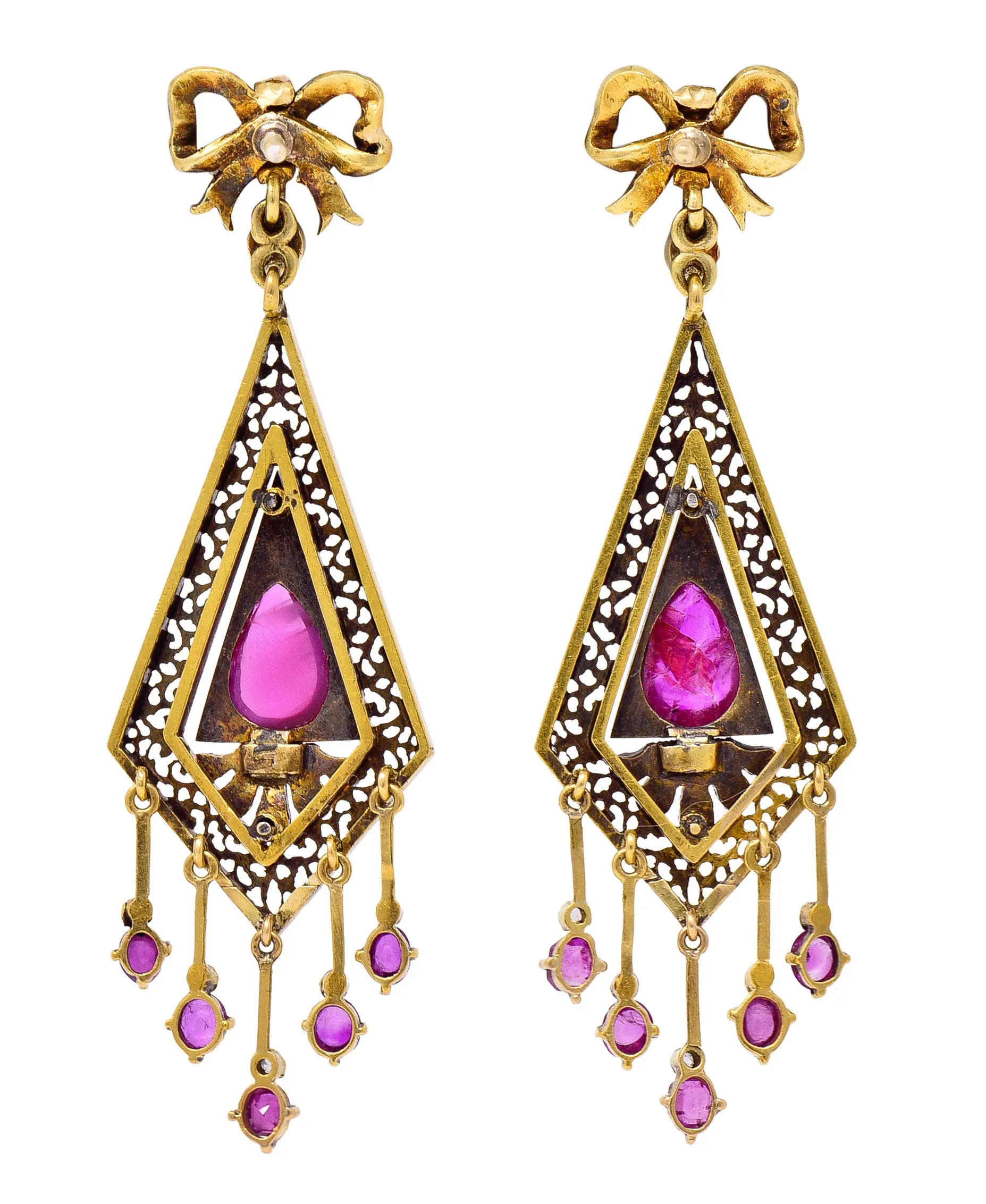 Victorian 4.12 CTW Ruby Diamond 18 Karat Yellow Gold Bow Fringe Antique Drop Earrings