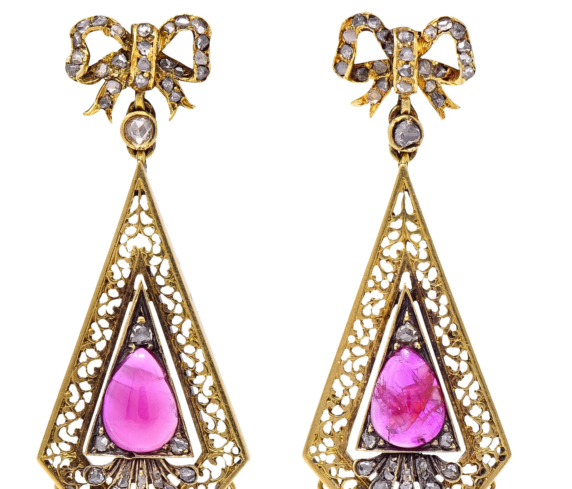 Victorian 4.12 CTW Ruby Diamond 18 Karat Yellow Gold Bow Fringe Antique Drop Earrings