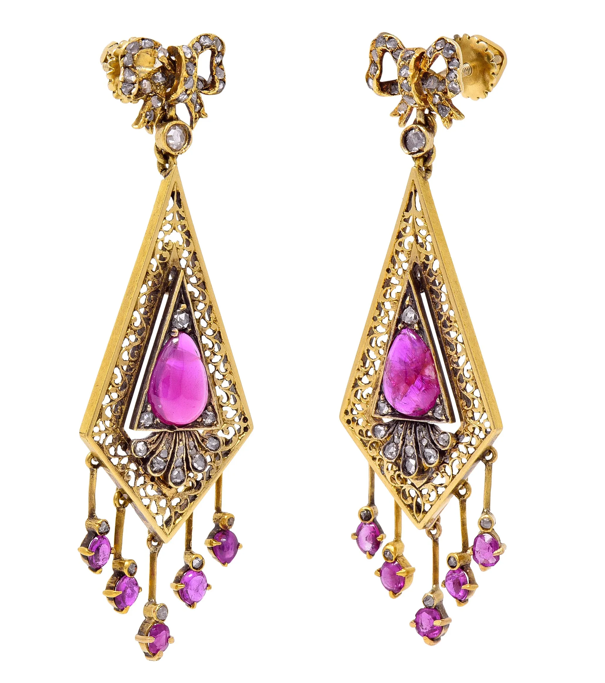 Victorian 4.12 CTW Ruby Diamond 18 Karat Yellow Gold Bow Fringe Antique Drop Earrings