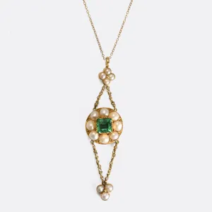 Victorian Colombian Emerald & Pearl Pendant Necklace
